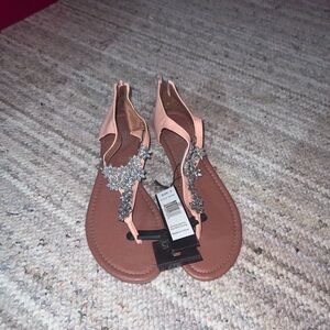 385 Fifth Peach Jeweled T-Strap Sandals